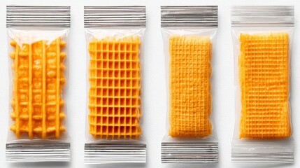 Four Frozen Yellow Waffles in Individual Clear Packaging on White Background