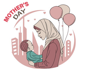 Woman holding her cute baby in arms. Pregnancy and breastfeeding concept. Mom and child in warm clothes. Mother's day, vector illustration with flower botanical leaf ornament in cartoon style.
