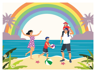 Happy Family Playing Beach Games Together Under a Beautiful Rainbow.