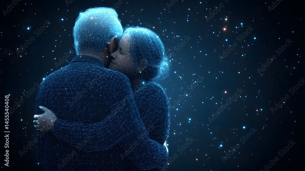 Poster a loving couple embraces under a starlit sky, their forms rendered in a digital, wireframe style, sy