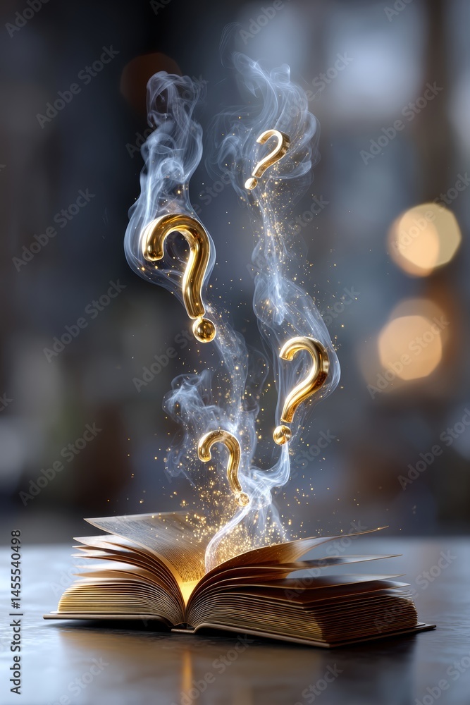 Poster exploring the question of knowledge an open book with floating queries enigmatic workspace magical a
