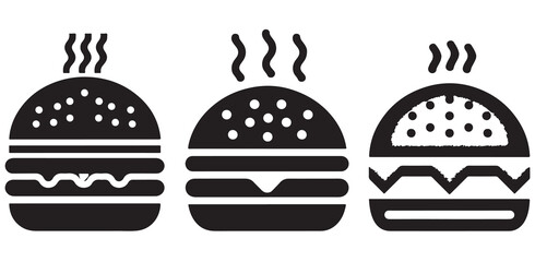 Burger icon or logo set. Hot hamburger black silhouette. Fast food black symbol. Vector illustration. stock illustration.