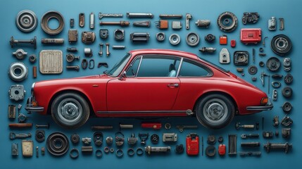 Classic car surrounded by spare parts