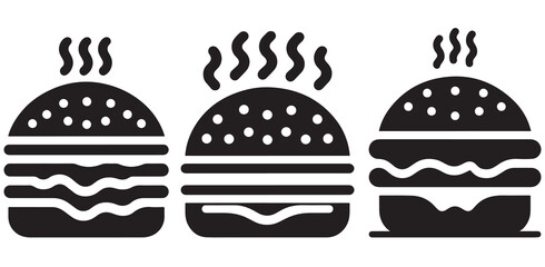 Burger icon or logo set. Hot hamburger black silhouette. Fast food black symbol. Vector illustration. stock illustration.
