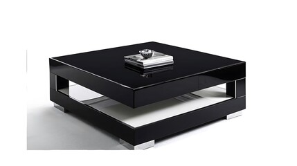 Black coffee table with a white shelf and a book on top