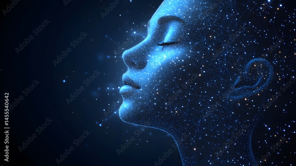 Leinwandbilder abstract digital face profile with glowing nodes, capturing a contemplative mood. geometric wirefram