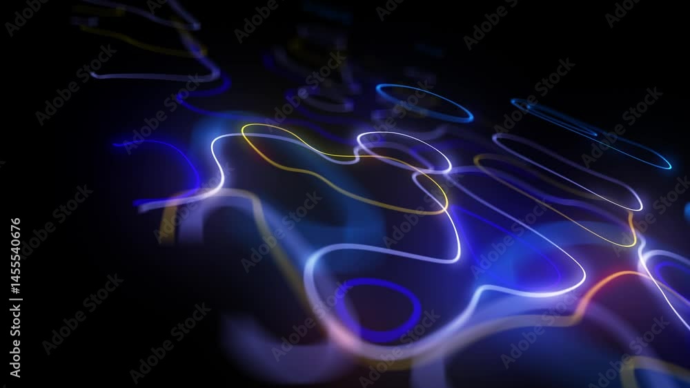 Poster topographic animation video with neon glowing abstract background with wavy lines.
