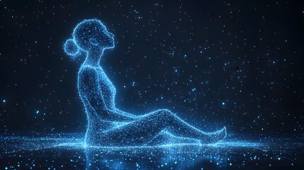 Glowing blue wireframe woman sits, looking up in starry space. A digital and ethereal scene. Abstract Digital low-poly wireframe connected dots in dark blue