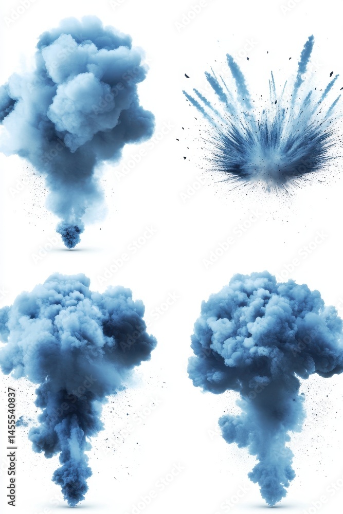Poster blue explosions and plumes on white background for visual effects and compositing projects