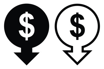 Cost Reduction Icon. Money increase or decrease icon set. dollar decrease increase symbol. profit and lose signs. Cost reduction icon Thin line art . 