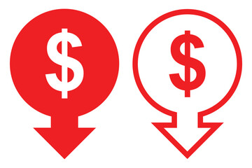 Cost Reduction Icon. Money increase or decrease icon set. dollar decrease increase symbol. profit and lose signs. Cost reduction icon Thin line art . 