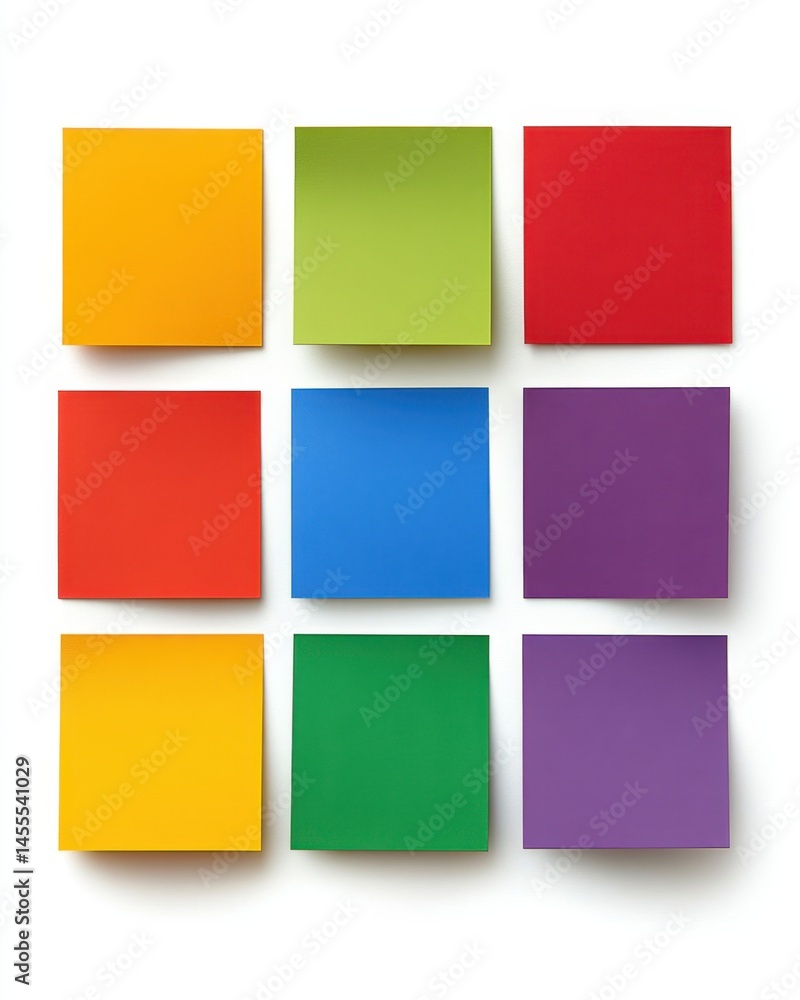 Poster colorful sticky notes arranged in a grid pattern on white background for creative projects