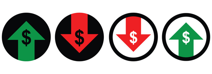 Dollar increase and decrease vector icons. Dollar rise and fall signs. Cost reduction and rise up icon. Dollar increase and reduce arrow sign. Money rotation business symbol. Currency exchange. EPS 10