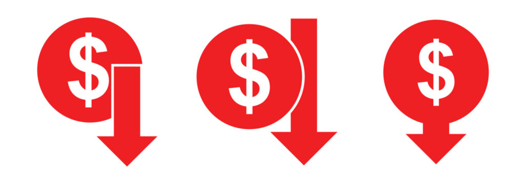 Cost Reduction Icon. Money increase or decrease icon set. dollar decrease increase symbol. profit and lose signs. Cost reduction icon Thin line art . 