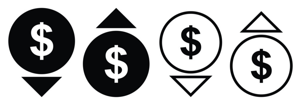 Cost reduction icon Thin line art. money rising and decreasing, for simple icon stable, symbols, rise and fall of the dollar rate, dollar exchange rate, flat sign. Cost Reduce and rising icon. 