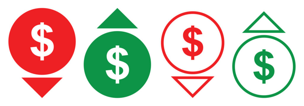 Dollar increase and decrease vector icons. Dollar rise and fall signs. Cost reduction and rise up icon. Dollar increase and reduce arrow sign. Money rotation business symbol. Currency exchange. EPS 10