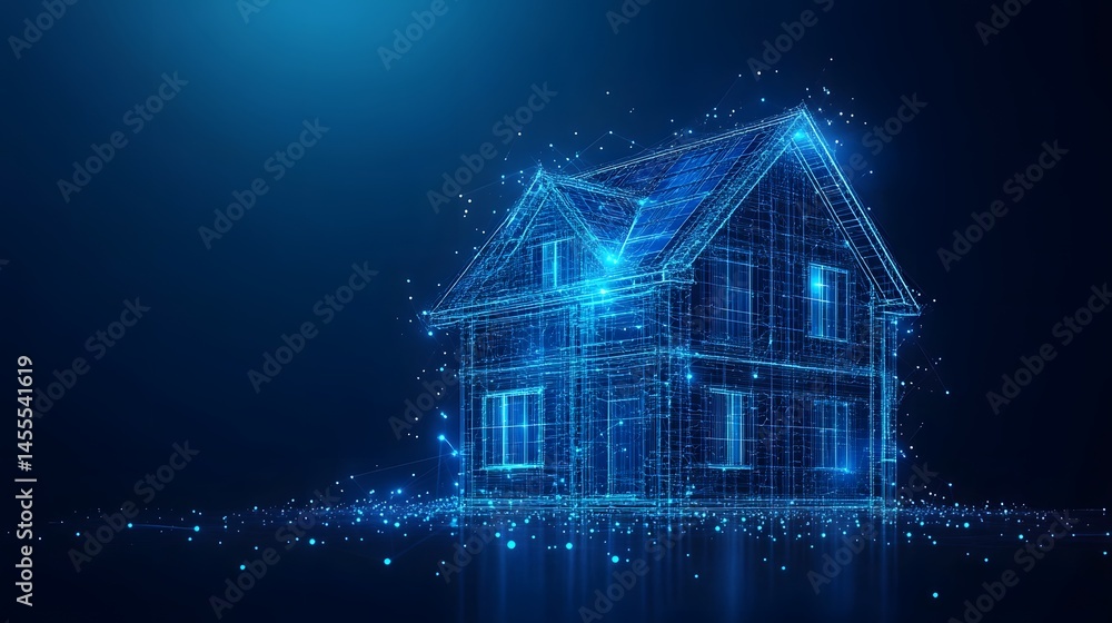 Fototapete Futuristic two-story house rendered in a blue wireframe. A digital marvel with a connected grid and a luminous presence. Abstract Digital low-poly wireframe connected dots in dark blue.