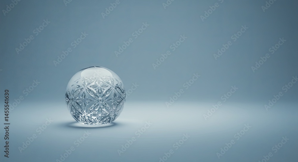 Poster a clear glass ball with a pattern on it sits on a white background