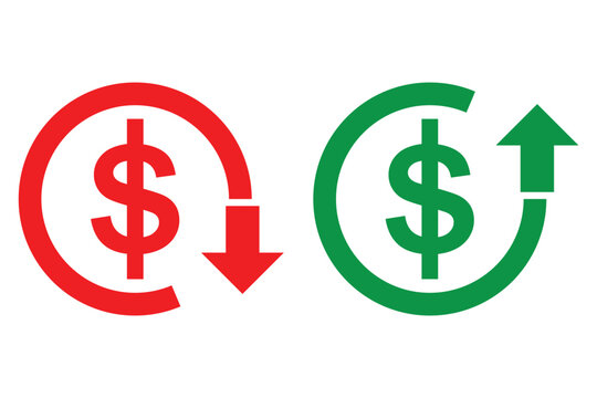 Cost Reduction Icon. Money increase or decrease icon set. dollar decrease increase symbol. profit and lose signs. Cost reduction icon Thin line art . 