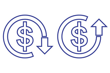 Dollar increase and decrease vector icons. Dollar rise and fall signs. Cost reduction and rise up icon. Dollar increase and reduce arrow sign. Money rotation business symbol. Currency exchange. EPS 10