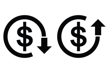 Cost Reduction Icon. Dollar price up and down icon line style. Dollar coin graph up and down. Money cost arrow growth, decline. Currency investment. Up and down dollar arrow icon in flat design. EPS10