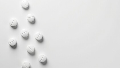 Multiple white pills scattered on white background, pills, industry