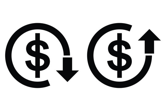 Cost Reduction Icon. Dollar price up and down icon line style. Dollar coin graph up and down. Money cost arrow growth, decline. Currency investment. Up and down dollar arrow icon in flat design. EPS10