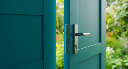Teal Door with Metal Handle Opening to Lush Green Garden,elegant, rustic, old, aged, weathered, photo, image, photo