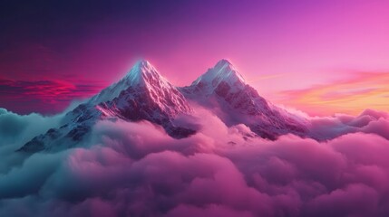Fototapeta premium Surreal Cyberpunk Mountains with Glowing Tones and Cloudy Ice Landscape