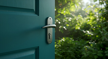 Teal Door with Metal Handle Opening to Lush Green Garden,elegant, rustic, old, aged, weathered, photo, image, photo