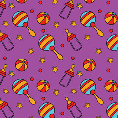 seamless Baby Pattern with Rattles, Balls, Bottles, and Stars