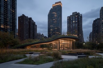 Obraz premium Modern park pavilion at twilight