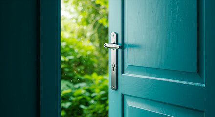 Teal Door with Metal Handle Opening to Lush Green Garden,elegant, rustic, old, aged, weathered, photo, image, photo