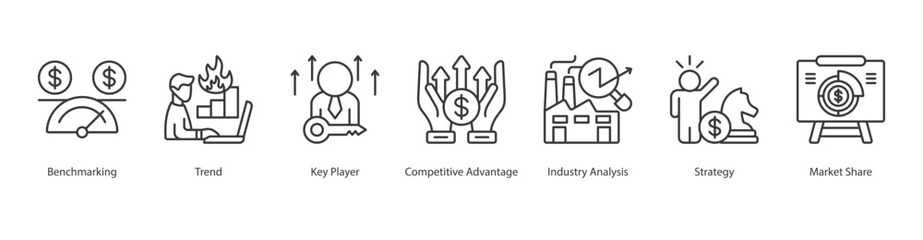 Industry Competitive icon sheet web vector illustration benchmarking, trend, key player, competitive advantage, industry analysis, strategy, market share