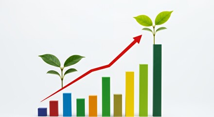 Financial Growth Chart with Young Saplings on White Background Featuring Colorful Bars and a Rising Red Arrow for Business Growth and Investment Illustration with Upward Trend