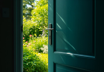 Teal Door with Metal Handle Opening to Lush Green Garden,elegant, rustic, old, aged, weathered, photo, image, photo
