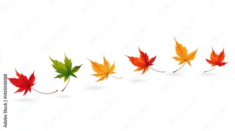 Poster autumnal maple leaves in a row transitioning from green to red on white background design element