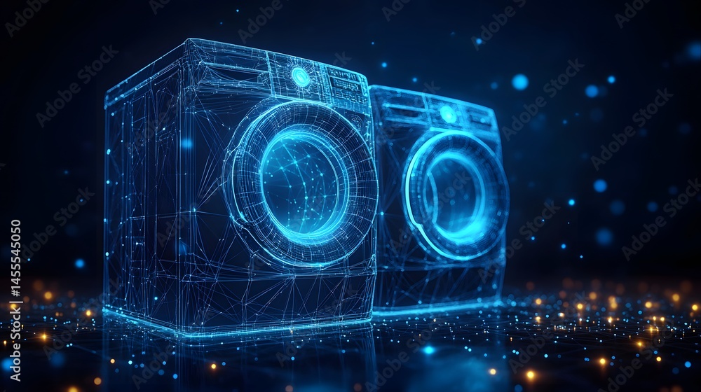 Poster futuristic, digital washing machines glow blue in a wireframe design. a high-tech aesthetic with int