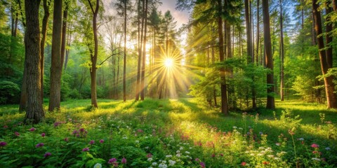 Obraz premium A serene forest landscape with a glowing sun peeking through the trees, surrounded by lush green foliage and vibrant wildflowers, green background, sunny day