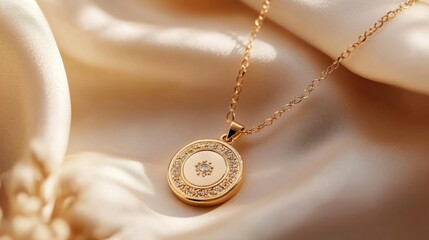 A gold pendant displayed on a delicate gold chain, resting gently on a soft surface, with the light highlighting its refined details and gleaming finish.