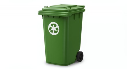Realistic Green Wheelie Bin with Square Lid and Circular Recycling Arrows Sticker Isolated on White Background Symbolizing Environmental Responsibility for Earth Day
