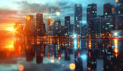 Sunset cityscape with digital bokeh lights - Powered by Adobe