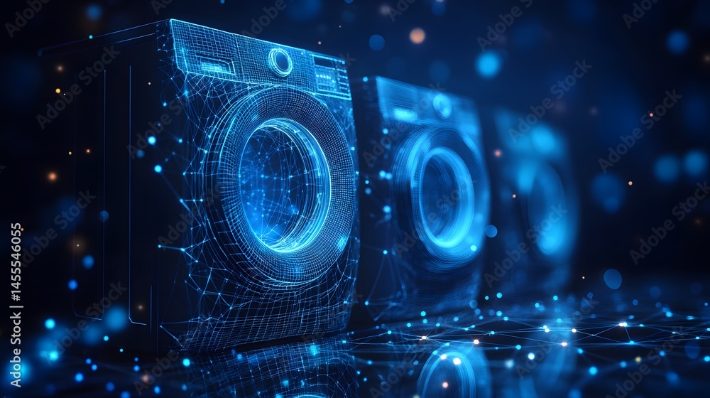 Aufkleber Futuristic washing machines glow in a networked array. Data streams visualize cleanliness, efficiency and tech-infused laundry. Abstract Digital low-poly wireframe connected dots in dark blue