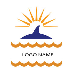 Sunrise Over Ocean Waves With Blue Whale Tail Logo Design editable vector