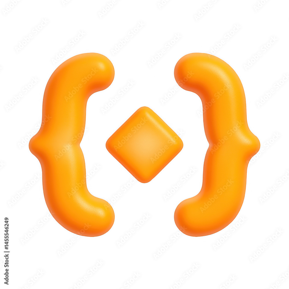 Poster vibrant orange 3d curly brackets and a centered diamond shape form a stylized abstract structure.