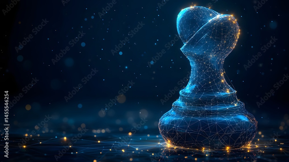 Fototapete futuristic digital chess pawn rendered as a blue wireframe with glowing orange nodes against a deep 