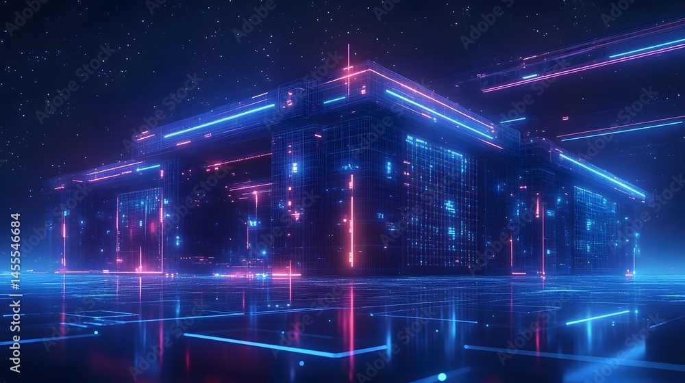 Aufkleber futuristic, glowing structure illuminated against a starry night sky. neon lights and reflective sur