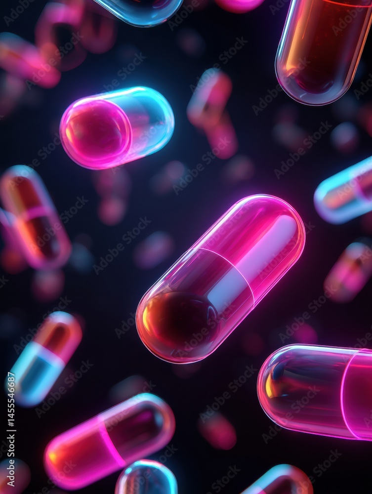 Poster floating neon glow capsules in a dark medical-themed setting create a captivating visual experience 