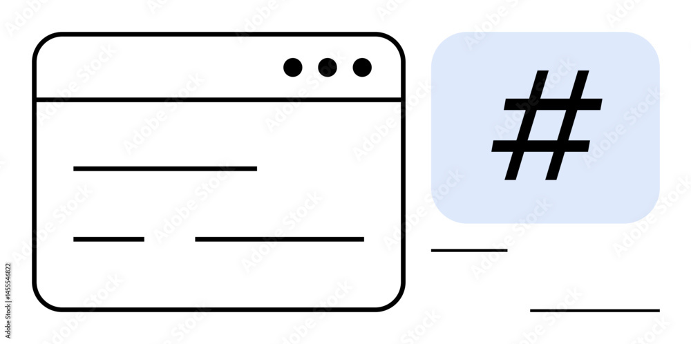 Poster minimalistic web browser window alongside metadata tag icon suggesting social media, digital content