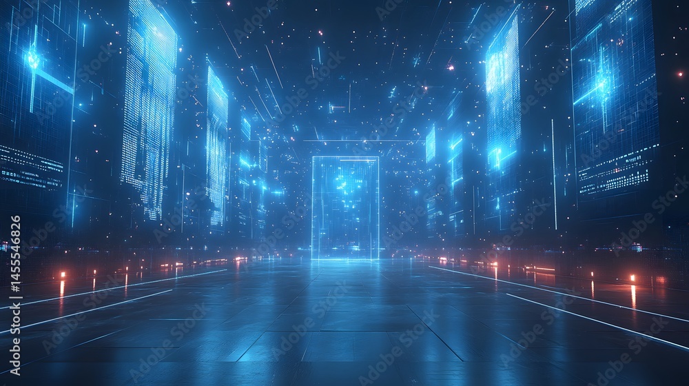 Poster futuristic cityscape with digital buildings, glowing portals, and interconnecting lines. a vast, hig